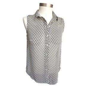 H&M Black & White Blouse Geometric Sleeveless Button-Up Womens Size S JJ3949